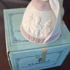 Lladró Christmas Porcelain Bell Ornament White Pink 1987 Boxed